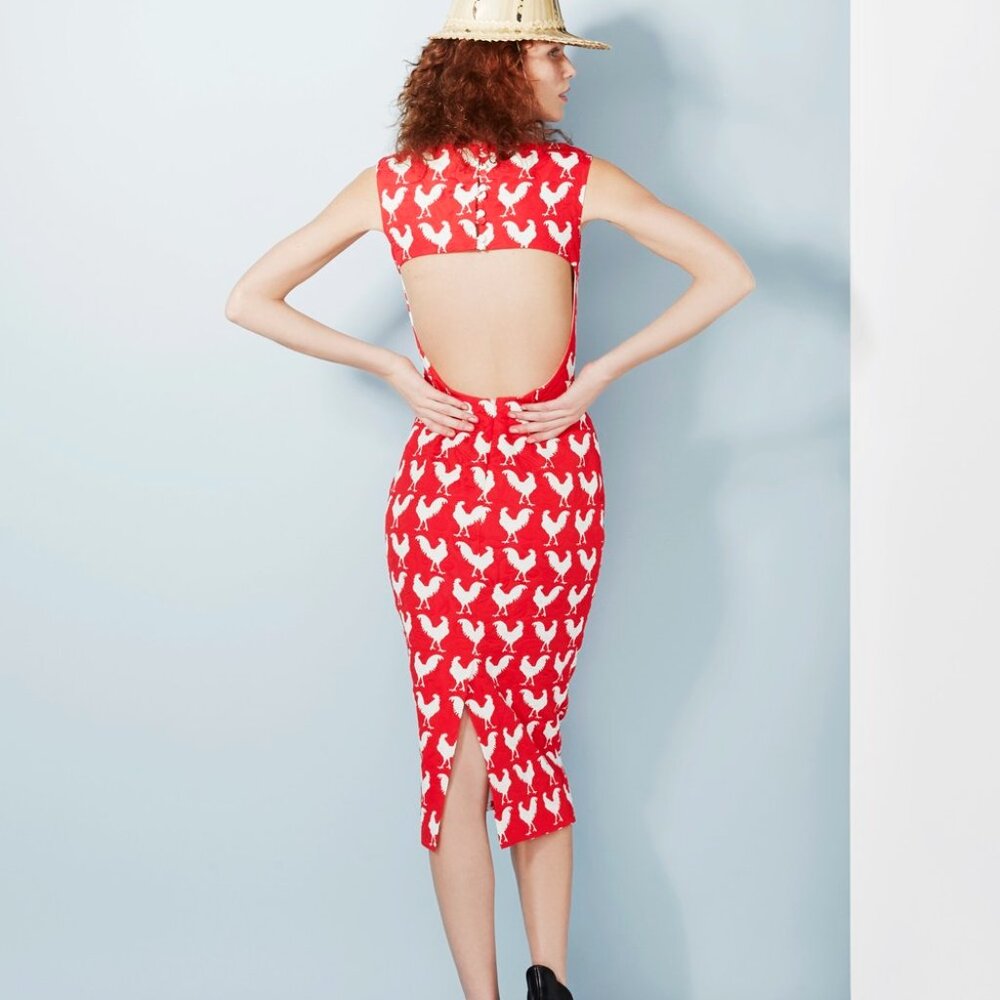 A.W.A.K.E. MODE 34 Rooster print Dress SS 2014 Partially open back 100% cotton